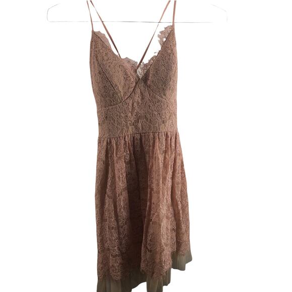 Trixxi Tan Lace Sleeveless V-Neck Mini Dress Women's Size Small - Picture 1 of 8
